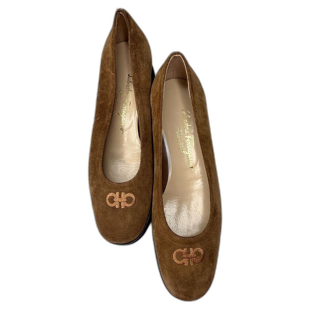Salvatore Ferragamo Woman 9.5 B Brown Suede Gancini Wedge, Vintage